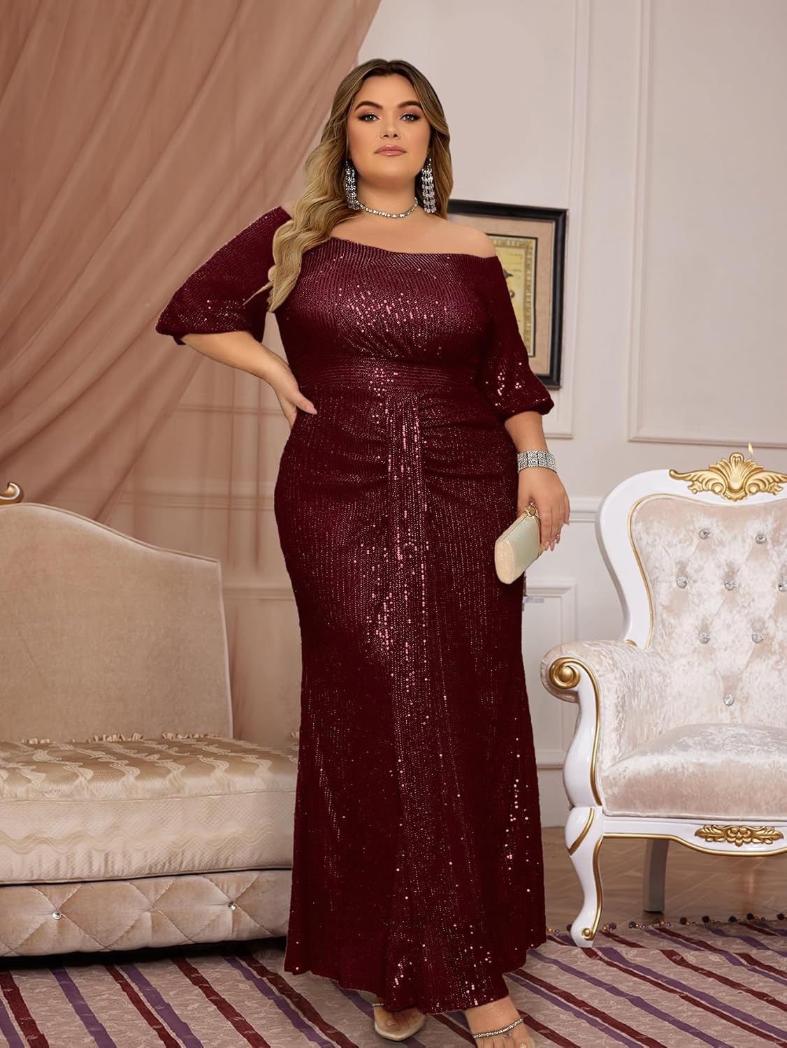 Madam Uniq Women Plus Size Short Sleeve Sequin 1920s Dress Off Shoulder Maxi Formal Cocktail Wedding Party Evening Gown - Image 5