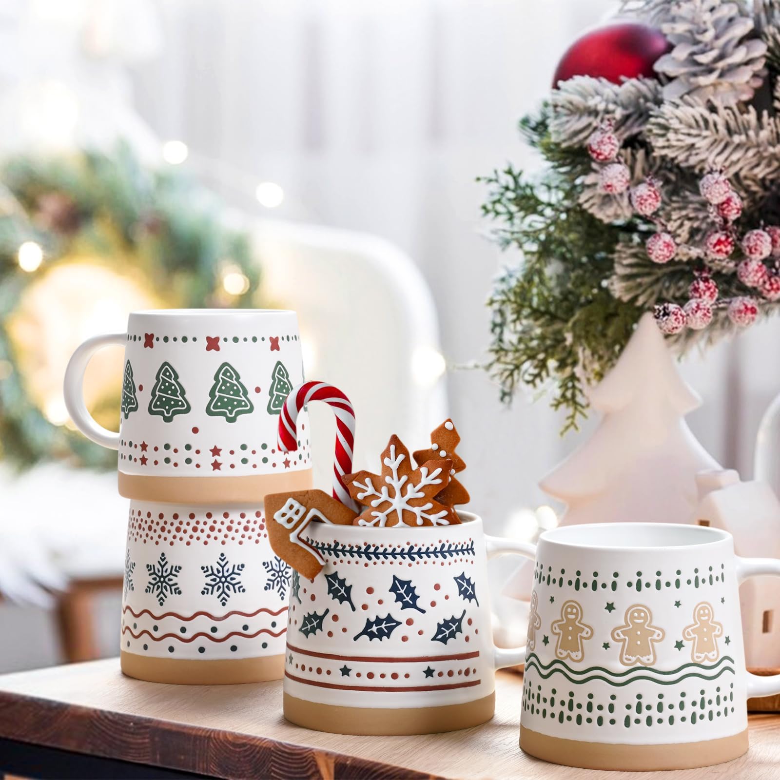 Joymaking Tasse Weihnachten Set Weihnachtsgeschenke für Frauen Freunde Kaffeetasse mit Weihnachtsbaum Schnee Lebkuchenmann Weihnachtstasse für heißen Kakao Glühwein, 400ml 4er Set Weihnachtstassen