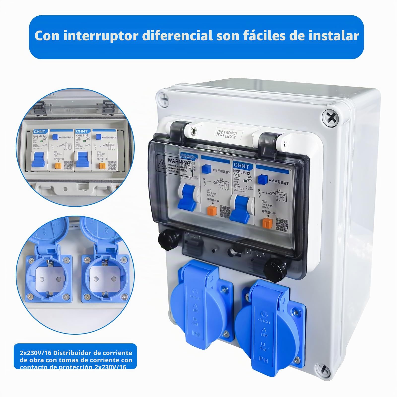 Baustromverteiler 16A, Distribuidor de Corriente para Interruptor Diferencial, 2 * 230V Wandverteiler Enchufes Tapo, Cuadro de Pared Precableado uso al Aire Libre, Camping, Caravana, Obras