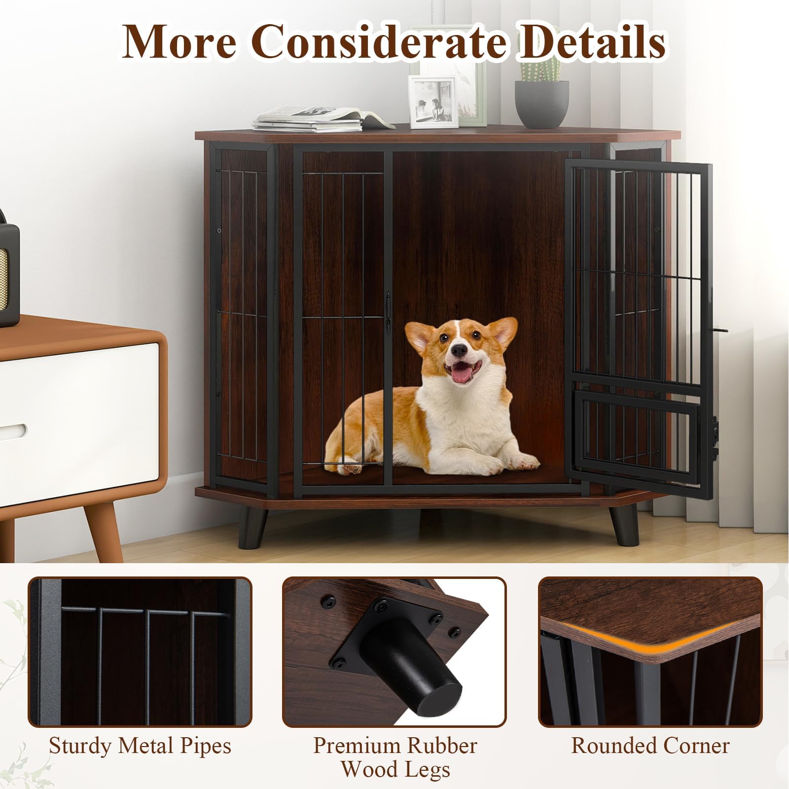 FANTASK Hundebox Holz mit abschließbarer Tür, Eck Hundehütte mit stabilen Metallgittern & 3 Beinen, Hundemöbel platzsparend für kleine und mittelgroße Hunde, Innenbereich, 60 x 60 x 71,5 cm, Braun