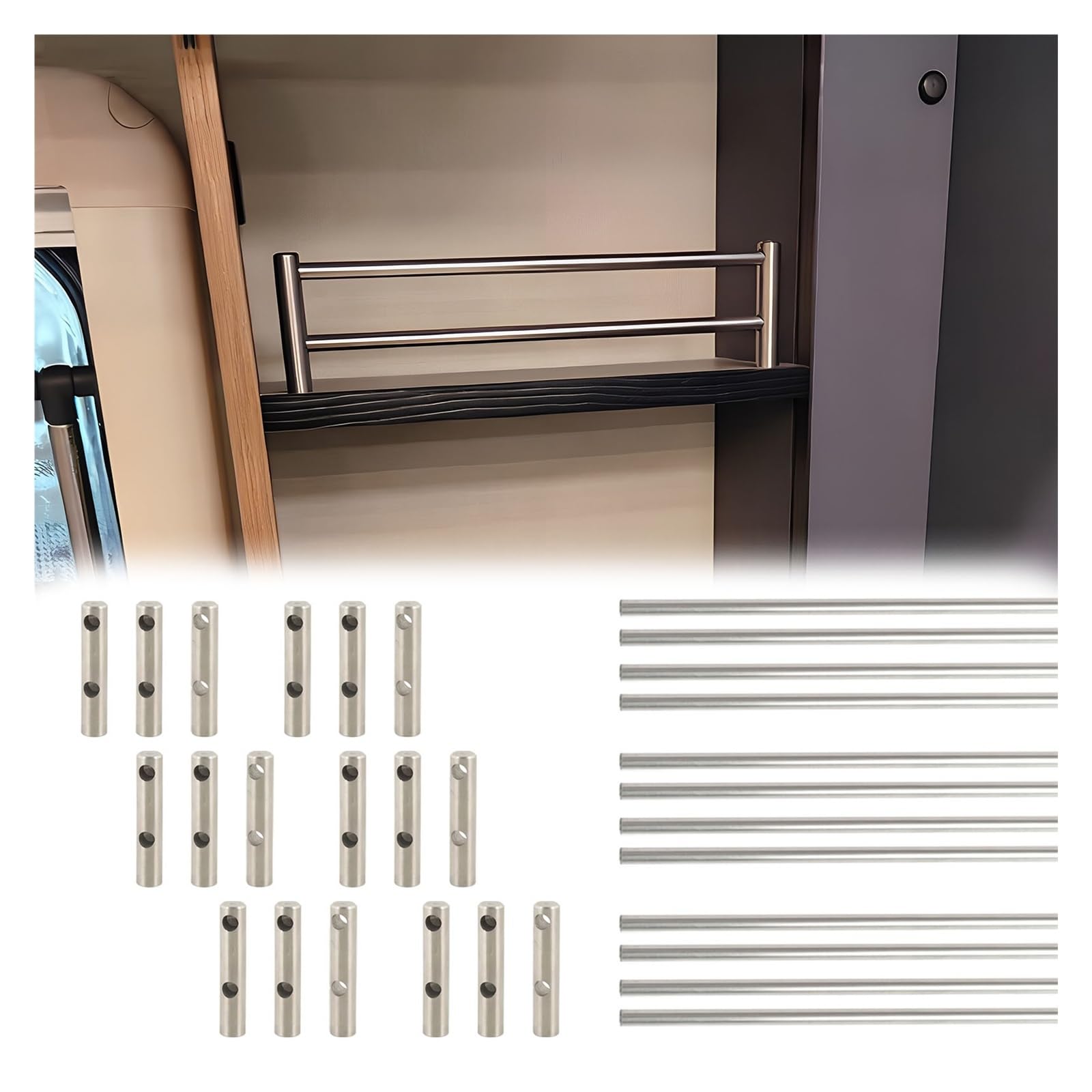 Riel de Estante Barandilla De Acero Inoxidable 100 cm Doble Barra Para Pared, Anti-caída Para Autocaravana Y Armarios, Varillas Divisorias Ajustables(6pcs,19.5in/50cm)