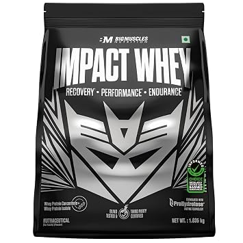 Bigmuscles Nutrition Impact Whey Protein Isolate & Concentrate [1.035kg, Rich Chocolate] | 24g Protein | ProHydrolase Enzyme Technology | Powered By Stevia | 3rd Party Tested