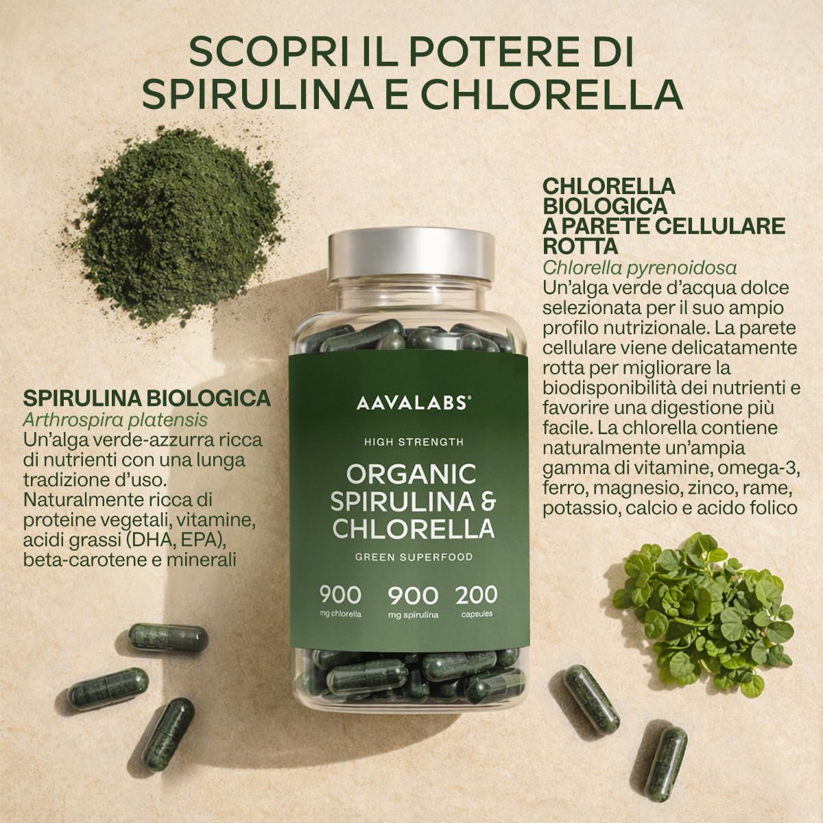 Spirulina & Chlorella Bio [1800 mg] AAVALABS - Alga Spirulina Bio Compresse - Clorella e Spirulina Polvere da Alghe Naturali di Alta Qualità con Fitonutrienti - Ideale per Frullati - 200 Capsule Vegan