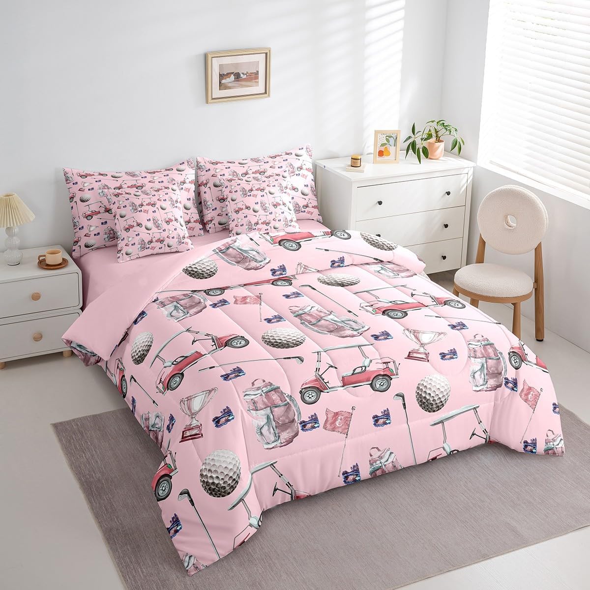7 Pieces Full Size Golf Comforter Set,Golf Club Cart Backpack Golf Lover Bedding Set for Girls Women,Modern Ball Sports Games Fashion (Comforter+Fitted+Flat Sheet+2 Pillowcases+2 Throw Pillow Covers)