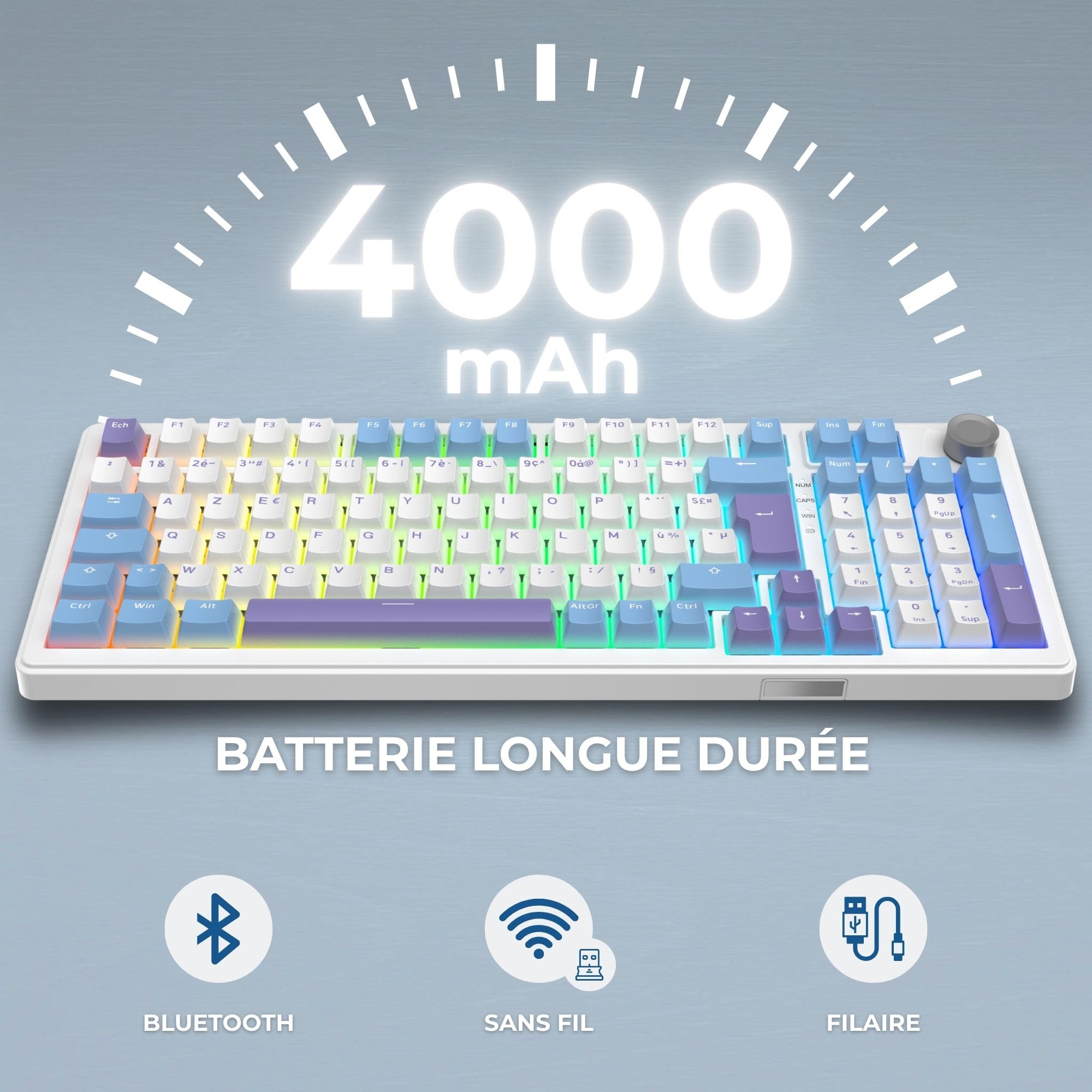 The G-Lab - KEYZ ELITE 400 WB - Bezprzewodowa Klawiatura Gamingowa - Układ AZERTY FR - Mechaniczna Klawiatura z Hot-Swappable Switches, 5-Layer Gasket, Tri-Mode 2.4G/BT/Kabel, RGB i Makra, Win/Mac