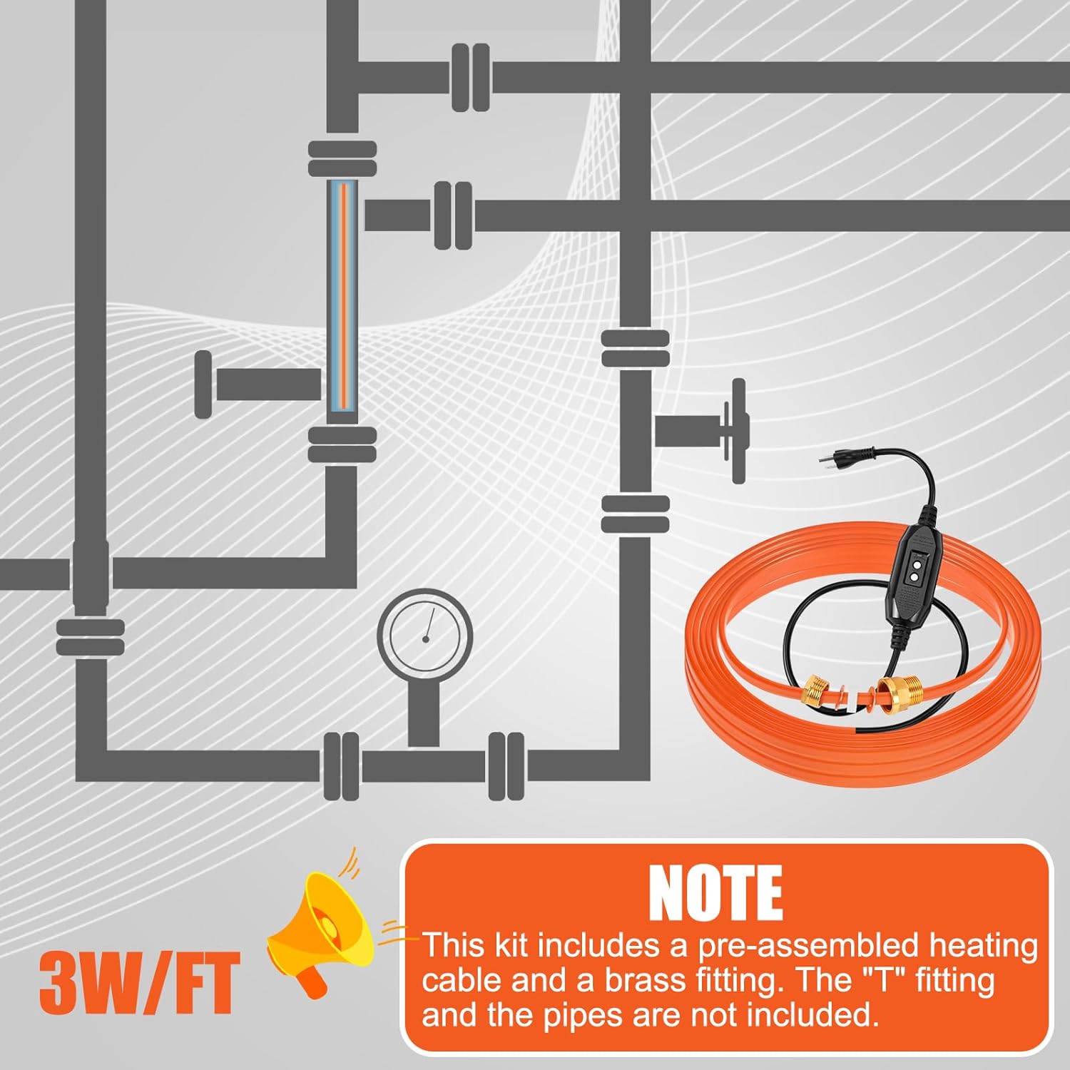 25 Ft In Pipe Heating Cable Prevents from Freezing, Internal Self Regulating Heat Trace Cable for Safe Drinking Water, 3/4 NPT Fitting, 120 V, 3 W/FT