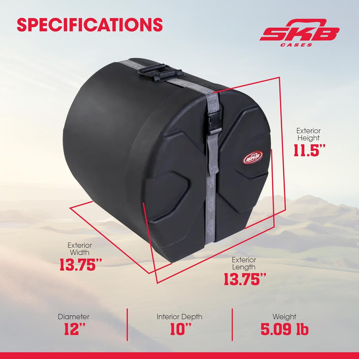 SKB 8" x 10" Tom Case with Padded Interior, D-Shaped Drum Design, and Molded in Feet for Upright Positioning and Stability, Black