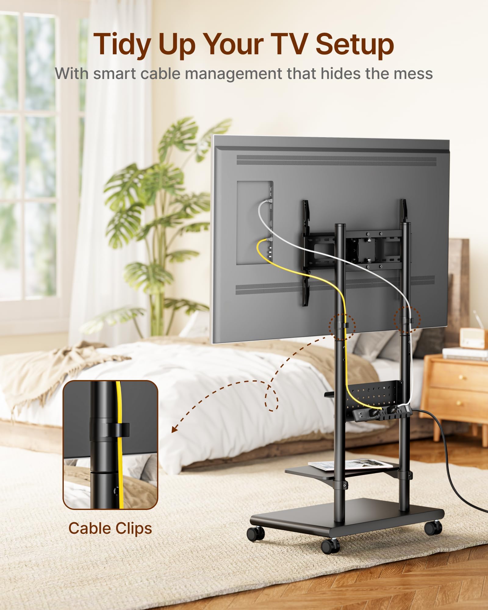 Mobile TV Stand on Wheels for 37-75 inch TVs up to 70kg, Swivel Mobile TV Cart with Shelf & Pegboard, Height Adjustable Rolling TV Trolley with Steel Base, TV Floor Stand Max VESA 600x400mm — view 9