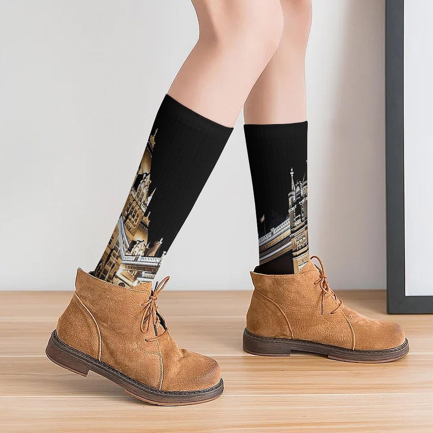 Breathable Crew Sock, Moisture Wicking, Athletic Calf Socks, Cozy | Night London Tower Bridge Compression Socks for Women Men, Lightweight High Work Socks for Business, Casual