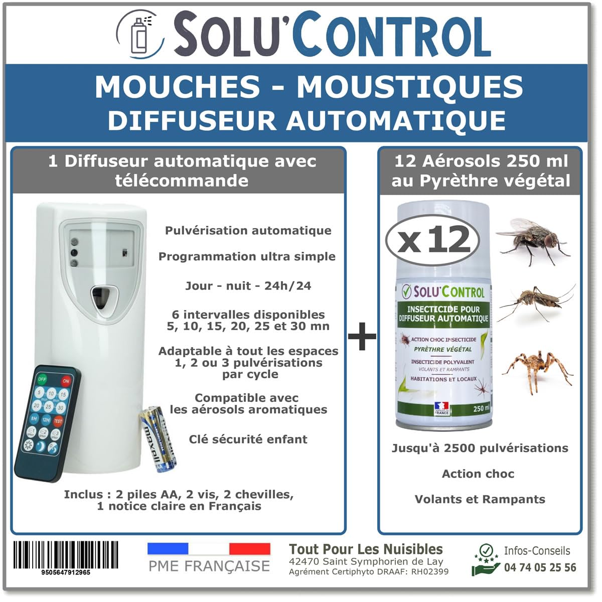 Kit Diffuseur Automatique avec Télécommande + 12 Aérosols Insecticide au Pyrèthre Végétal 250 ml - Anti-Mouches & Anti-Moustiques - Action Choc pour Volants et Rampants