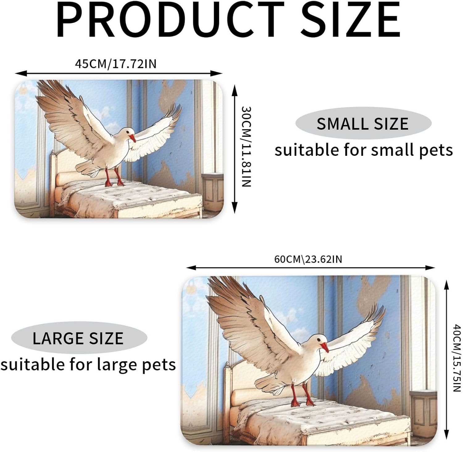 Pigeons in The Bedroom Pet Feeding Mat Dog Cat Eating Food Absorbent Leather Tablecloth for and Water Bowl Waterproof No Stains Quick Dry Non-Slip 23.62 * 15.75IN