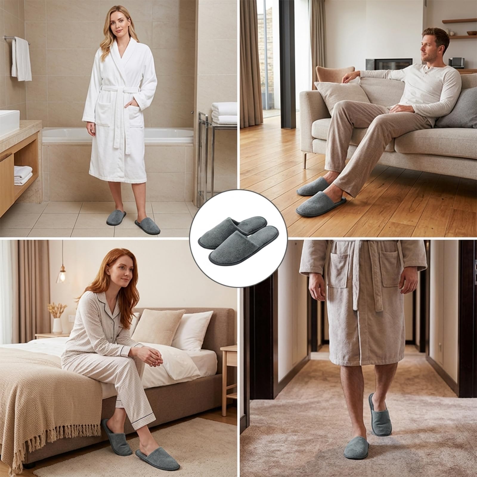 3 Paar Hotelslipper, Gästehausschuhe Set, Weiche Tragbar, Hotel Hausschuhe für Home, Reisen, Hochzeiten, Wellness-Bereiche und Partys, Grau