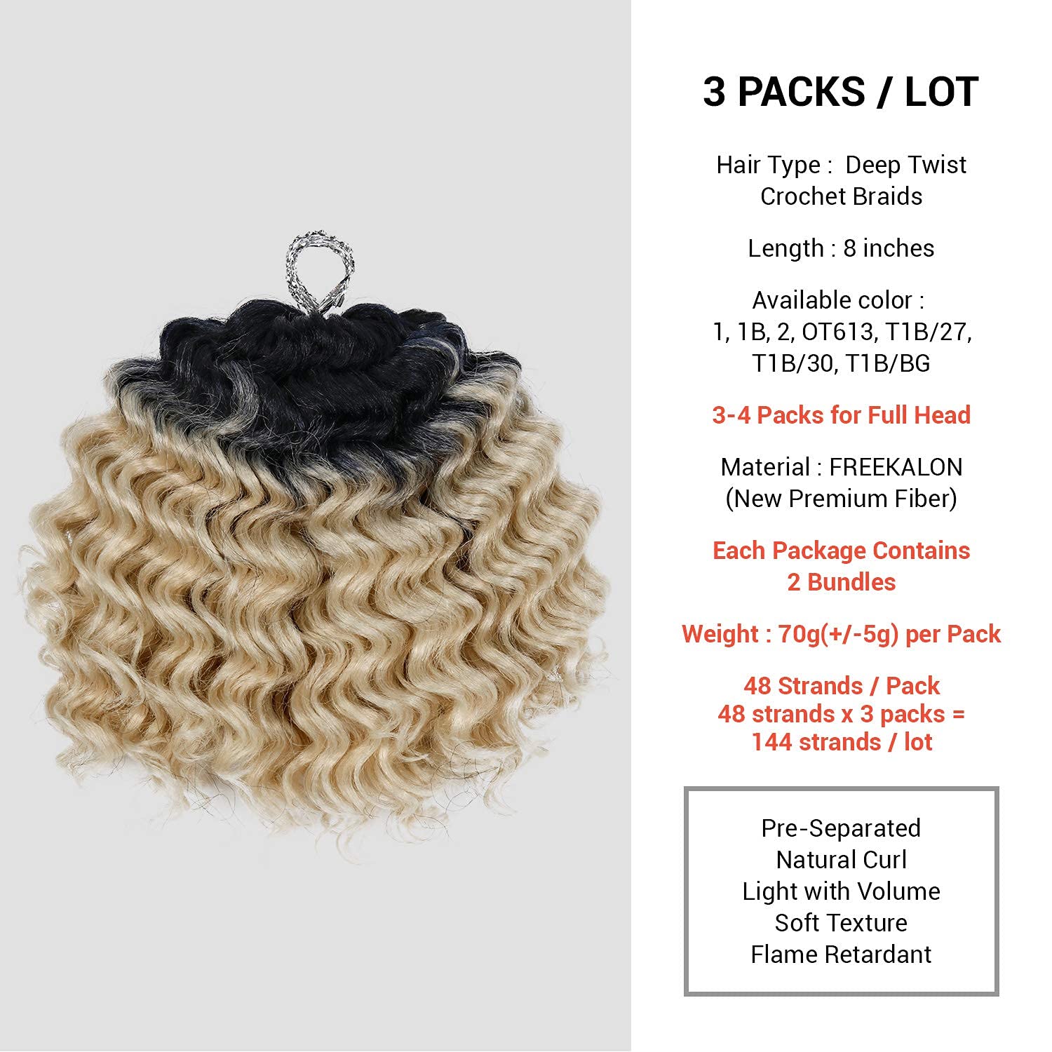 8 Inch 8 Bundle AU-THEN-TIC 2X Deep Twist Crochet Hair Deep Wave Crochet Braids Braiding Synthetic Kinky Curly Short Hair (8 Inch (Pack of 4), OT613-Ombre Two-tone Pre-Bleached Blonde)