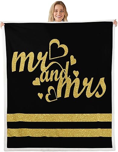 Manfei Manta de Mr and Mrs con purpurina dorada para sofá, manta de cama con corazones brillantes para parejas amantes y adultos, manta de forro