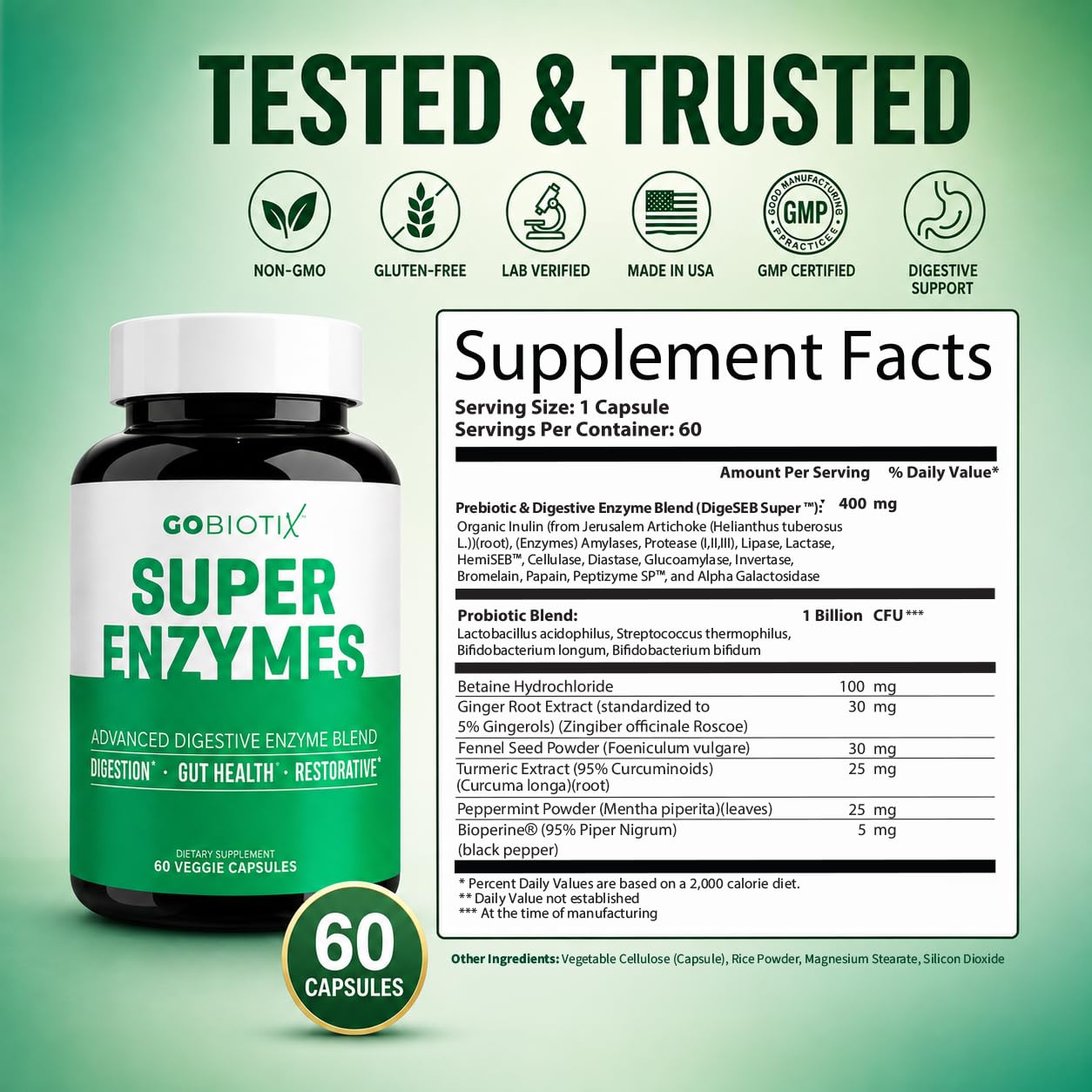GOBIOTIX Digestive Enzymes Supplement with Prebiotics and Probiotics for Women and Men - Gut Health, Gluten Digestion, Lactose Absorption, Plant Based Dietary Pills - 120 Capsules — Amazon image 6