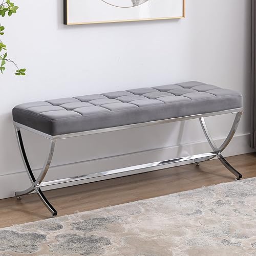 DUOMAY Moderno banco otomano copetudo, banco de comedor tapizado de terciopelo, reposapiés con botones y patas de metal, 45.75 pulgadas de ancho x