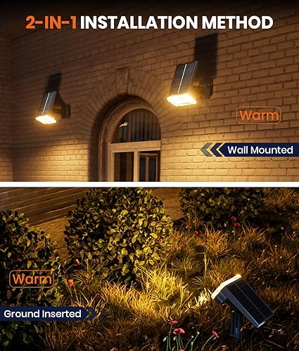 Miniatura 9 de Focos solares para exteriores, impermeables, IP67, paquete de 4 luces solares ajustables de pared y suelo alimentadas con 3 colores, 3 modos, del