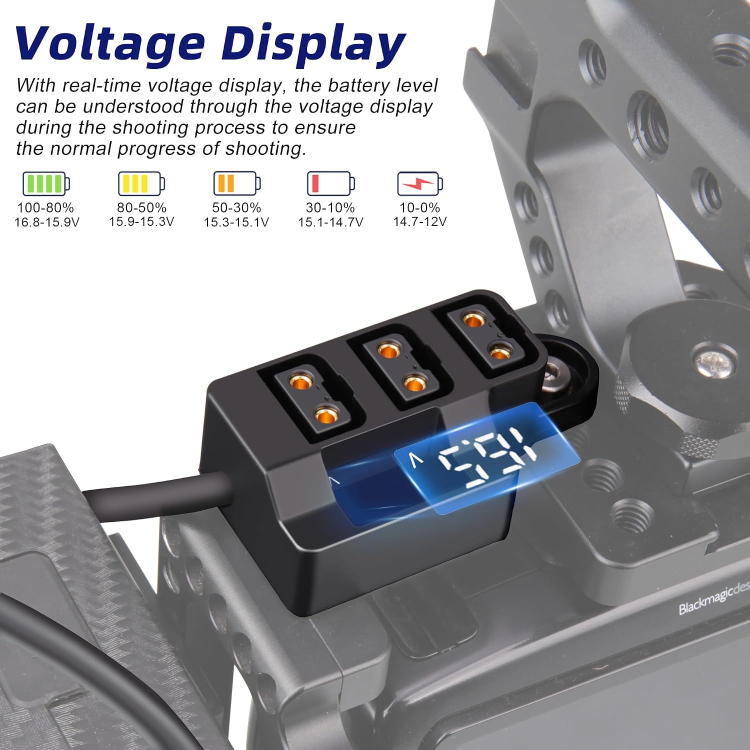 D-Tap 1×3 Power Splitter Adapter with Voltage Display & 1/4 Mounting Screws for V-Mount/Gold Mount Battery,Camera Cage,Video Transmission, Monitor, BMPCC 4K/6K, etc.
