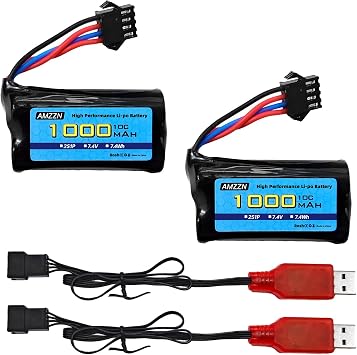 2PCS 7.4V 2S 1000mAh Lipo Battery SM-4P Plug with USB Charger for M416 Electric Gel Toy Gun Battery, DE85 EC16 RC Toy Car Model Off-Road Vehicle Battery 2PCS Battery+2 SUB