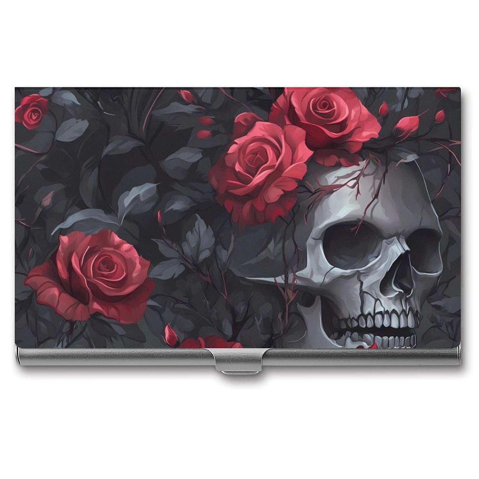 Ember Rose Death Skull Head Slim Business Card Holder Wallet for Men & Women Pocket Metal Case 3.7x2.2x0.3 Inches