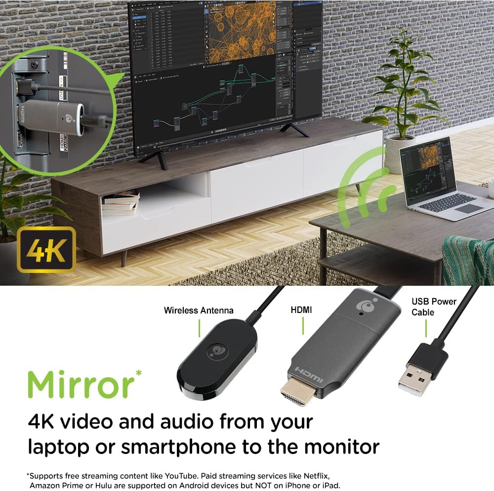 IOGEAR Mini Wireless 4K HDMI Video Screen Sharing Adapter connected to a TV
