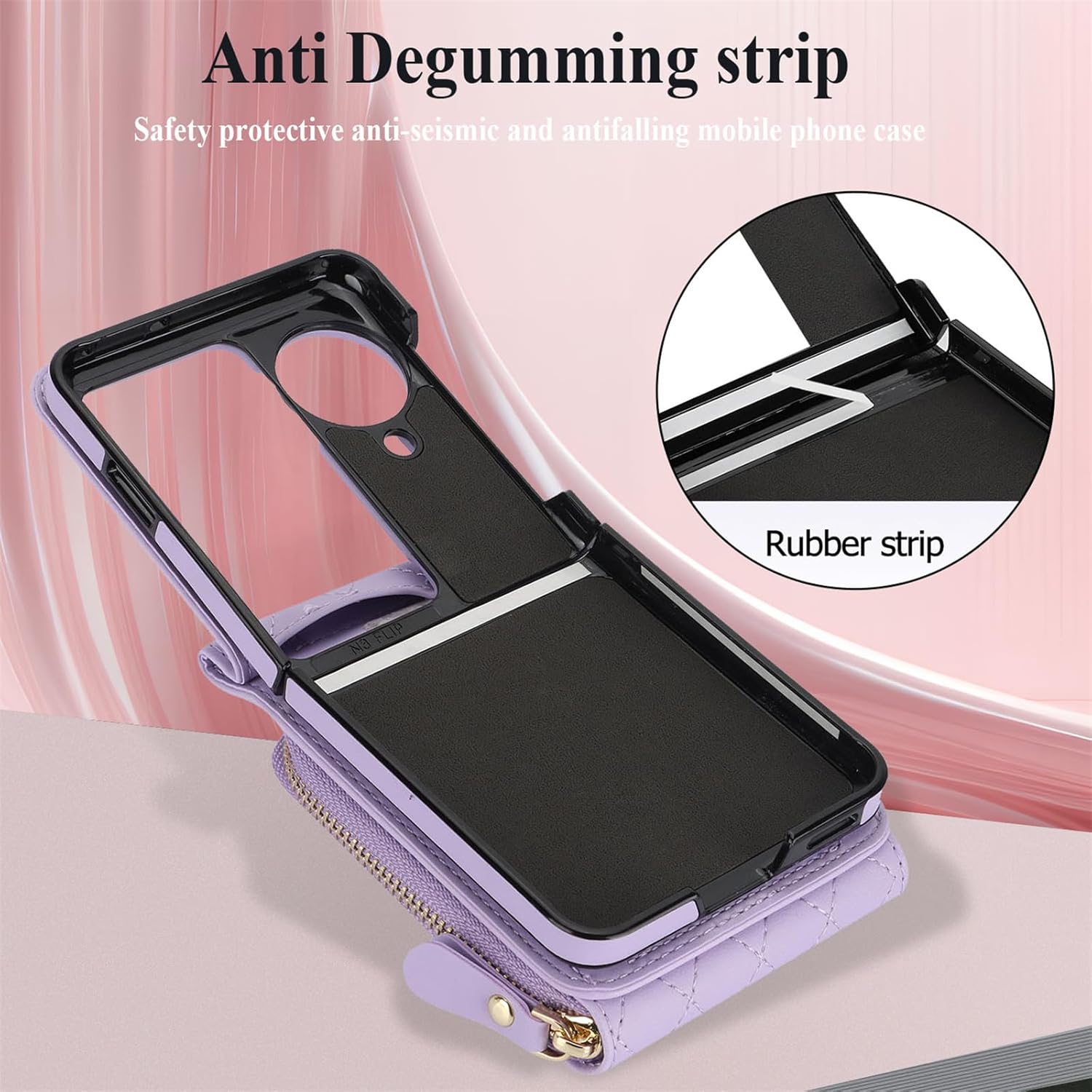 XYX Case for Oppo Find N3 Flip with Card Holder, Zipper Leather Accordion Purse Cover with Wrist Strap Crossbody Lanyard, Violet