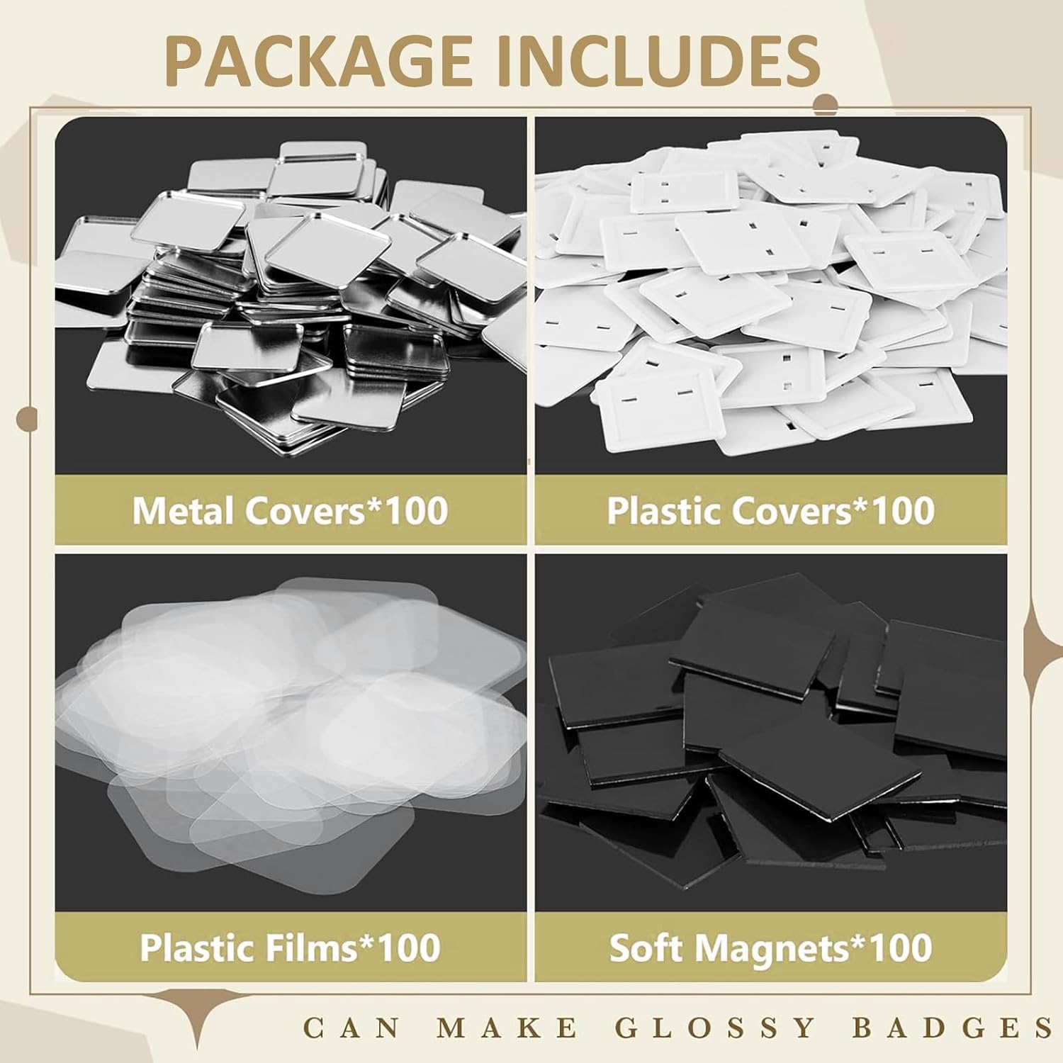2in / 50mm Square Magnet Button Maker Supplies, Including Metal Cover, Plastic Back Cover, Clear Film, Blank Paper, Soft Magnet, 100PCS