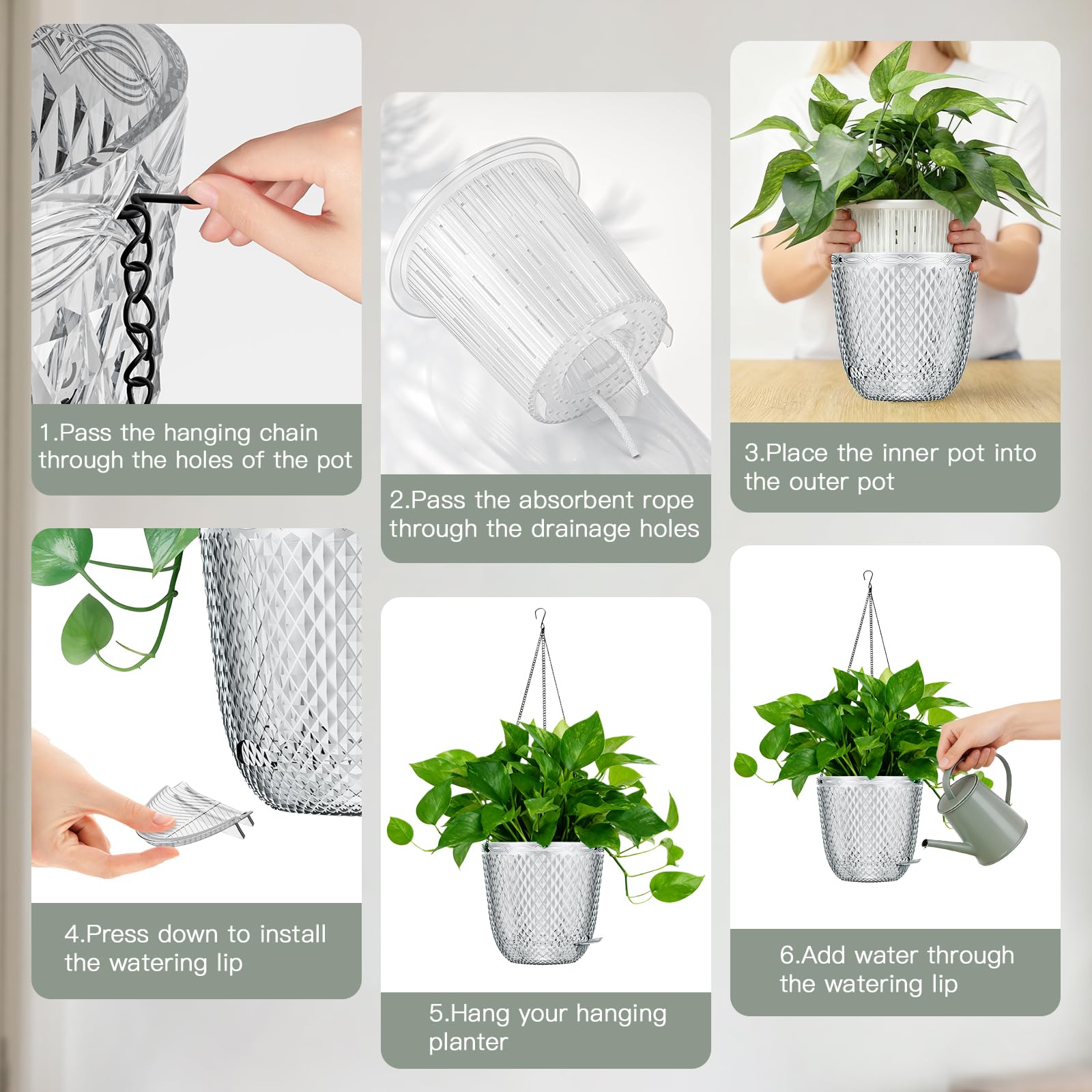 QCQHDU Lot de 2 pots de fleurs suspendus à arrosage automatique de 18 cm pour plantes d'intérieur avec trous de drainage et 3 chaînes de crochets pour jardin et maison (transparent)
