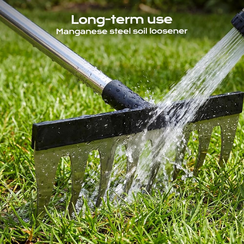 Garden Hand Rake 8-Teeth Carbon Steel with Telescopic Handle (16-65 inches), No Bending for Lawn, Yard & Patio Cleaning, Elderly Friendly (16–48 in)