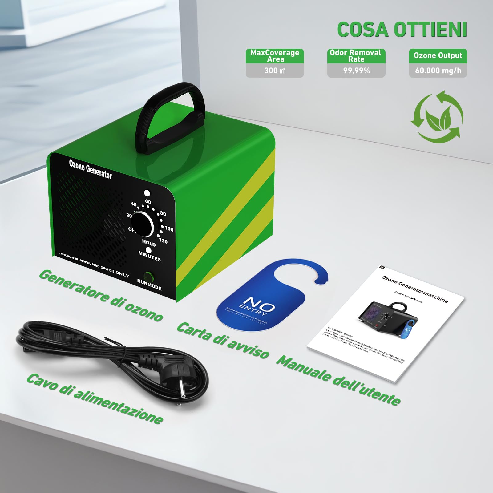 Generatore di ozono 65000mg/h, O3 Ozonizzatore per Veicoli, Generatore ozono con Timer 120 Minuti per Ambienti fino a 300㎡,Perfetto per case, uffici, hotel, ristoranti, veicoli e altro ancora