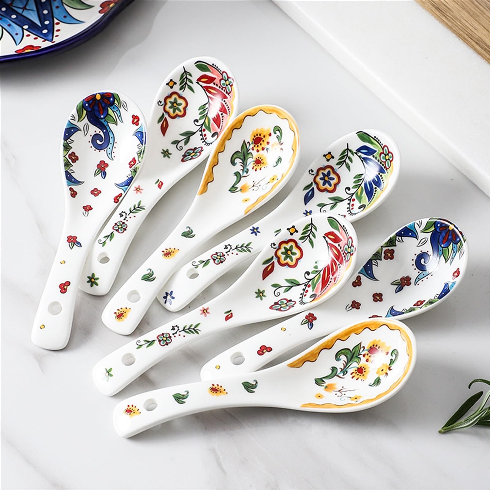 Cuillères à Soupe en céramique (1 Petite cuillère et 1 louche incluses), cuillères à Soupe wonton, cuillères de Service en céramique, cuillères à Ramen, cuillère à Glace(B)