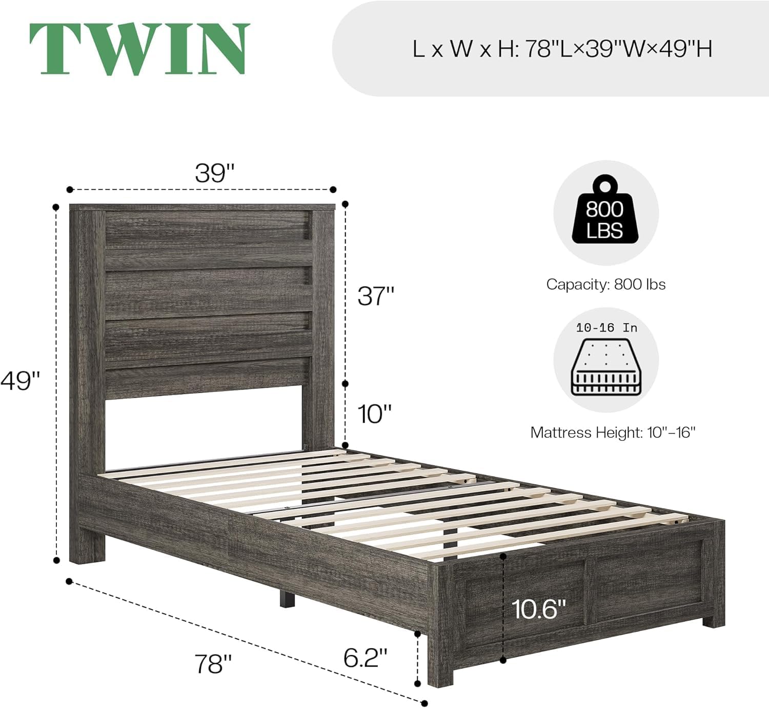 AMERLIFE Farmhouse Twin Platform Bed Frame with 49" Fluted Headboard, Wooden Bed with Natural Grain Finish, Noise-Free, No Box Spring Required, Easy Assembly, Grey