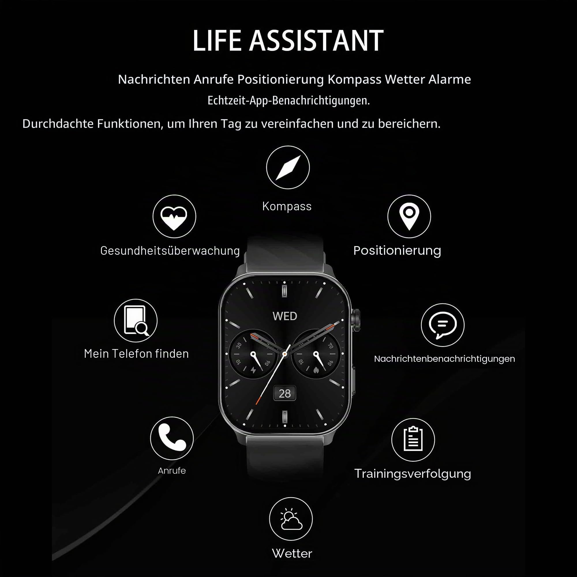 GPS Smartwatch, 2,01" AMOLED Fitnessuhr Herren mit Telefonfunktion, 350mAh Batterie, Sportuhr mit Anrufe mit Schlafmonitor, 5ATM Wasserdicht Smart Watch für iOS Android, 2 Armbänder (Gold)
