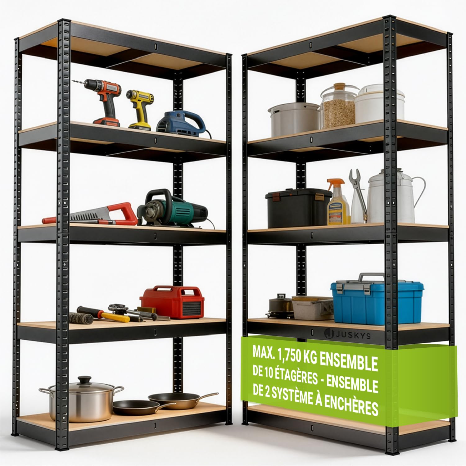 Juskys Étagère Charges Lourdes Basic, Lot de 2, 180 x 90 x 40 cm - 5 Niveau á 175 kg, Capacité 875 kg, Étagères de Rangement en Metal pour Garage et Cave - Gris