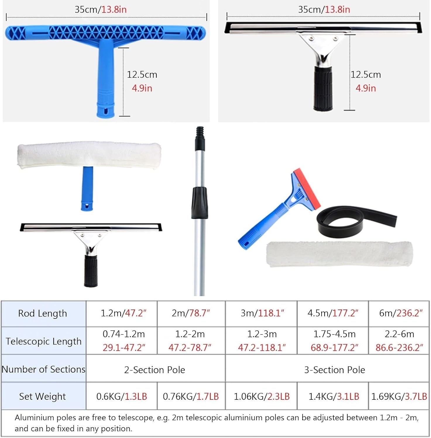 3 ' 10ft 15 20 Feet Window Cleaning Pole for Second Story High Windows, Foldable Extension Glass Squeegee Cleaner Tool Adjustable Outdoor Window Dusting Kit, Professional,L 1.2m/3.9ft/47.2in