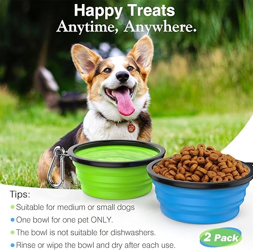 Miniatura 5 de Pawaboo Paquete de 2 cuencos plegables para perros, cuencos de silicona para regar con tapas y mosquetones para perros y gatos, tazón portátil para