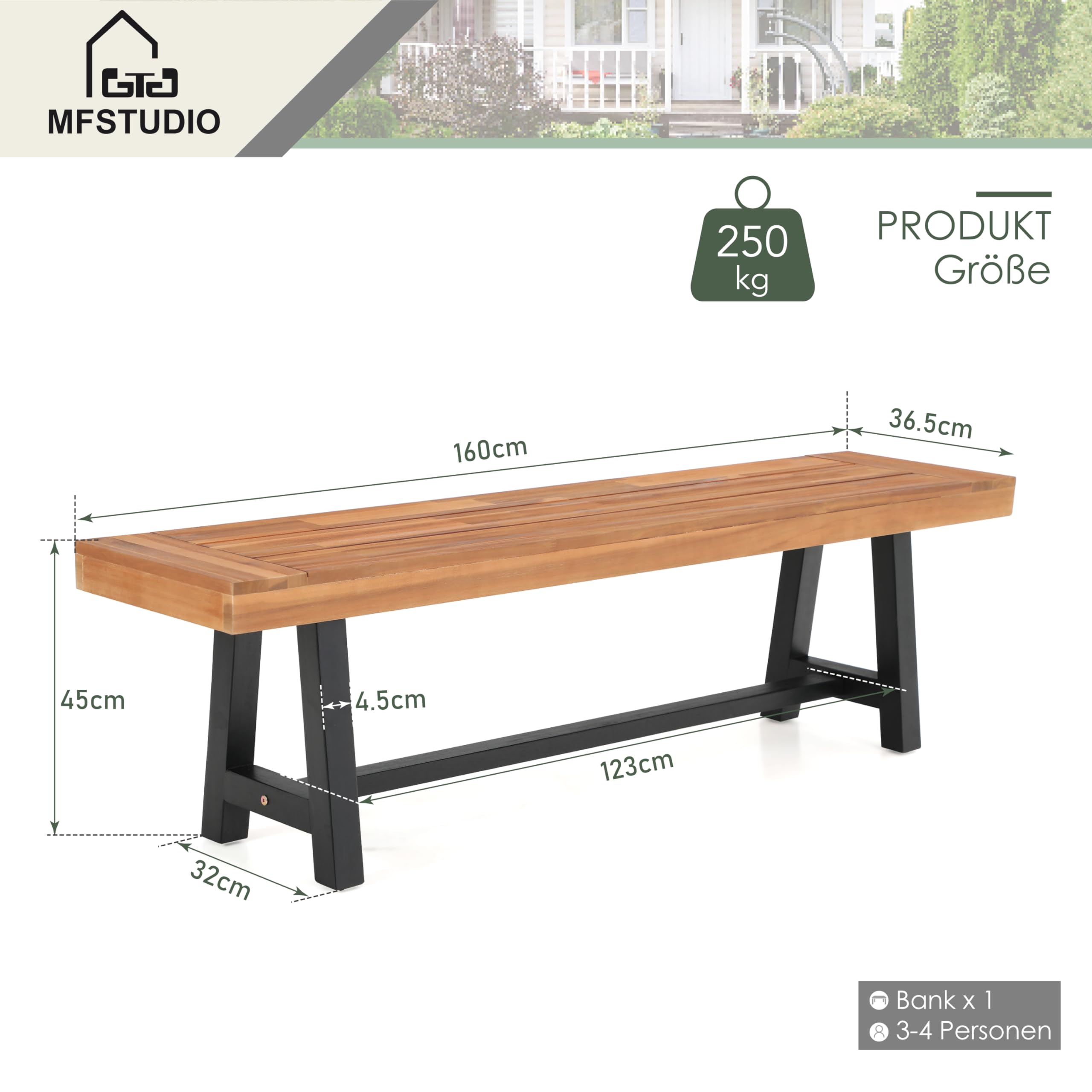 MFSTUDIO Gartenbank Wetterfest 3 Sitzer, 100% Akazienholz Parkbank | Akazienholz, 160 × 36,5 × 45 cm, Platz für 2–3 Personen, Modernes Design, Einfache Montage, Langlebig