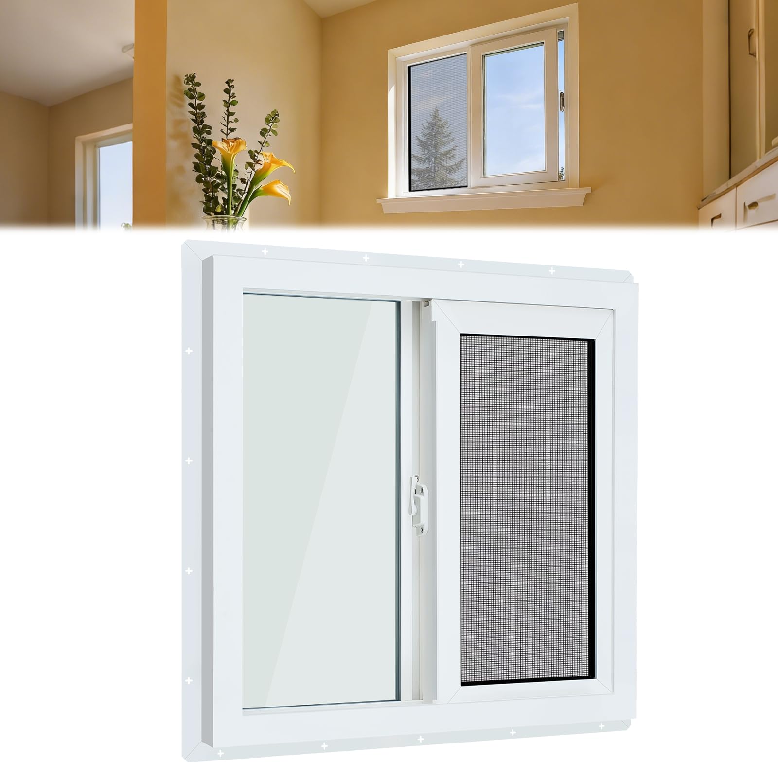 CroBlissful Finestra scorrevole in vinile bianco da 60 x 50 cm, con vetro trasparente e doppio vetro smerigliato, per cabine, case, garage, fienili