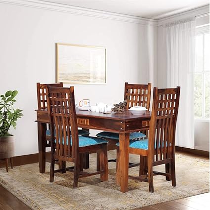 SheeshamCraft 4 Seater Zen Dining Table with Quartette Cushions Chairs Dining Set in Sheesham with Natural Colour with Matte Finish (Zen in Natural Colour, 4 Seater)