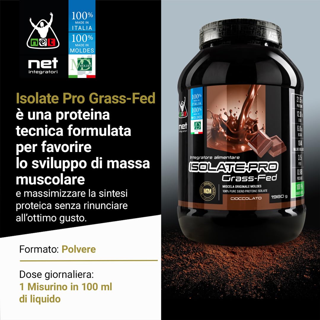 Net Integratori ISOLATE PRO Grass Fed - 1980g Cioccolato - Proteine Isolate Con EAA Aminoacidi Essenziali e BCAA - Massimizza La Sintesi Proteica e La Crescita Muscolare