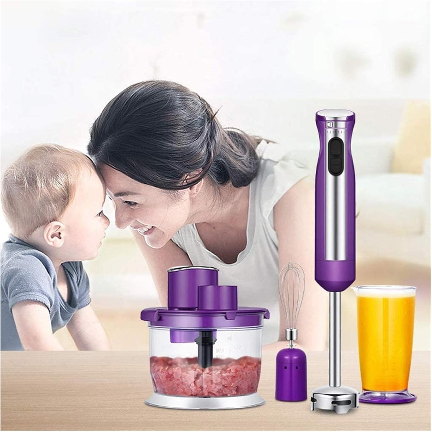 Multipurpose Immersion Hand Blender 300 Watt 2-Speed High Power Low Noise 3-in-1 includes Detachable Chopper Egg Whisk Milk Frother