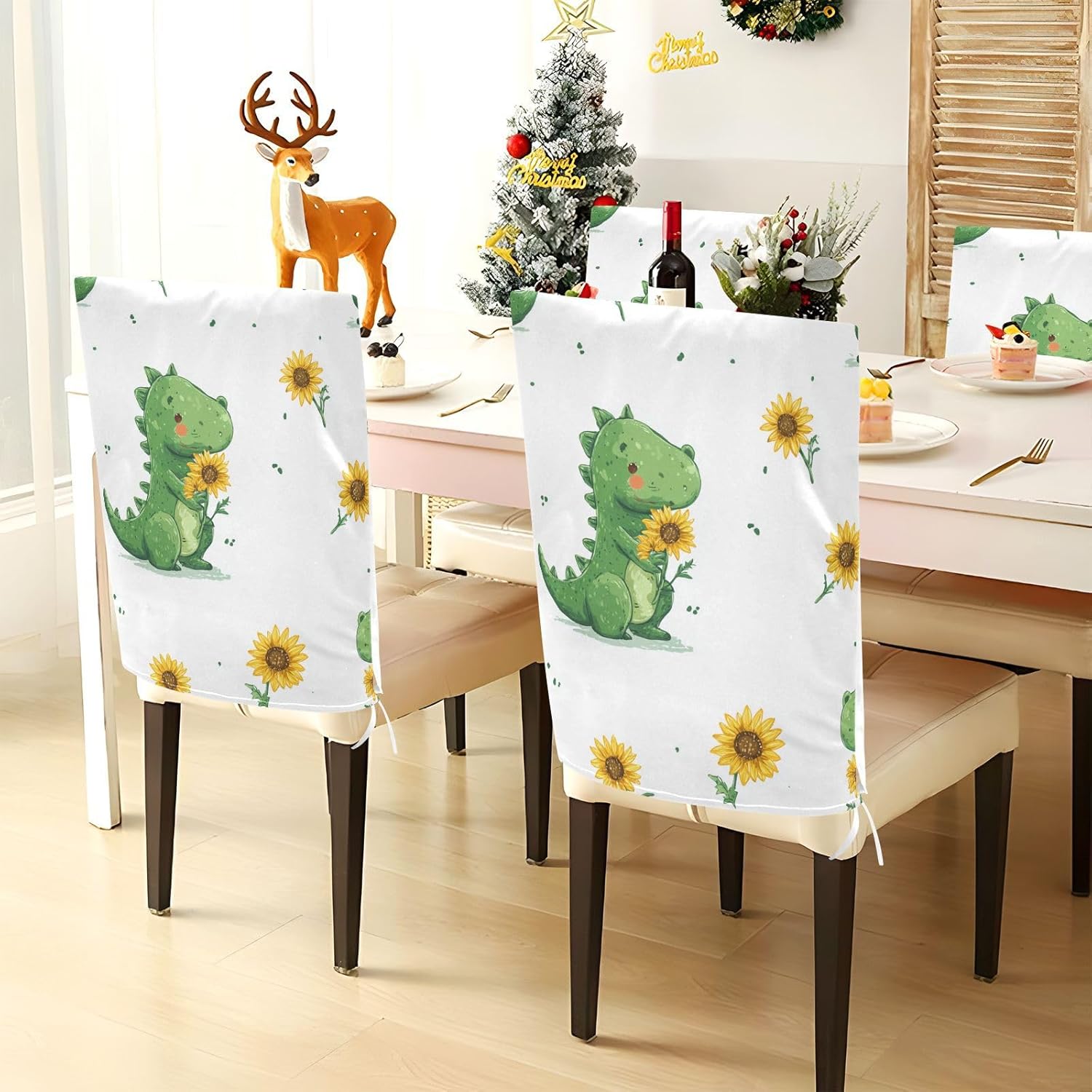 ALAZA Green Dinosaur Sunflowers Chair Back Cover Set of 6, Washable Reusable Removable Chair Slipcovers Decorative Chair Cover for Home Kitchen Wedding Party