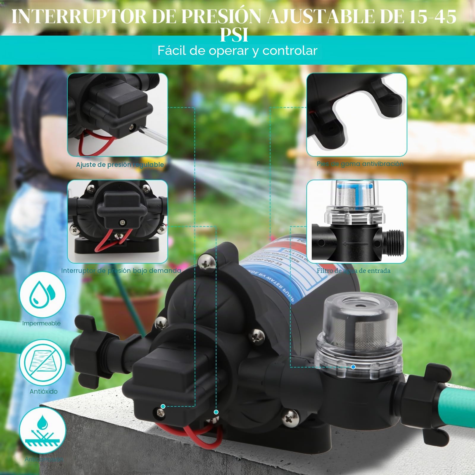 12V 4.0GPM/15.0LPM 3.1 bar 33S Bomba de presión on autocebado Bomba de diafragma de agua a demanda, Arranque y Parada Automáticospara Autocaravanas, Yates, Jardín y Campistas