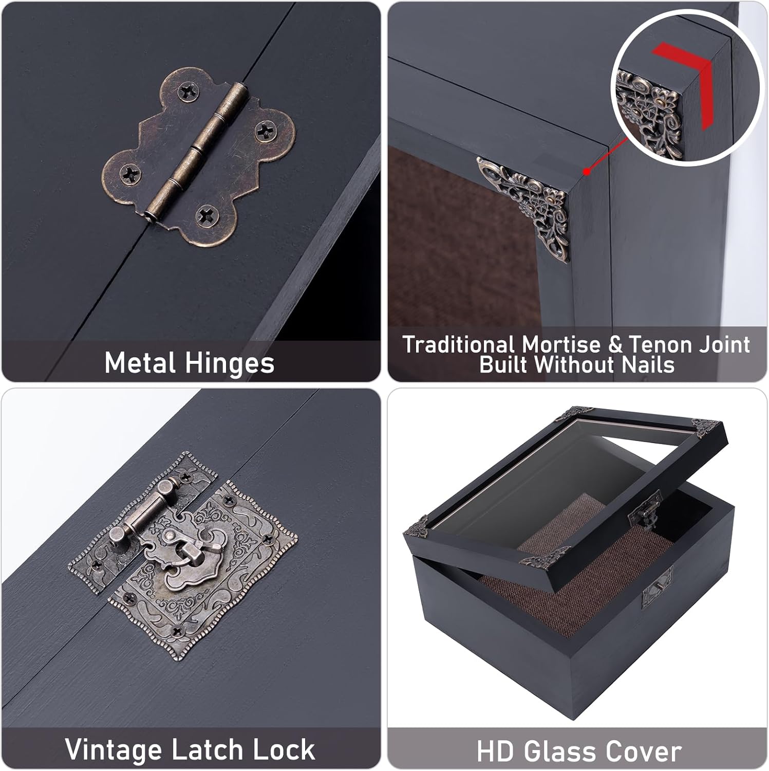 Deep Shadow Box Frame 8x10, 4.7in Depth Shadow Boxes Display Case with Soft Linen PIN Board, Vintage Charred Finish & Mortise-Tenon Joint, Retro Metal Hardware (Black)