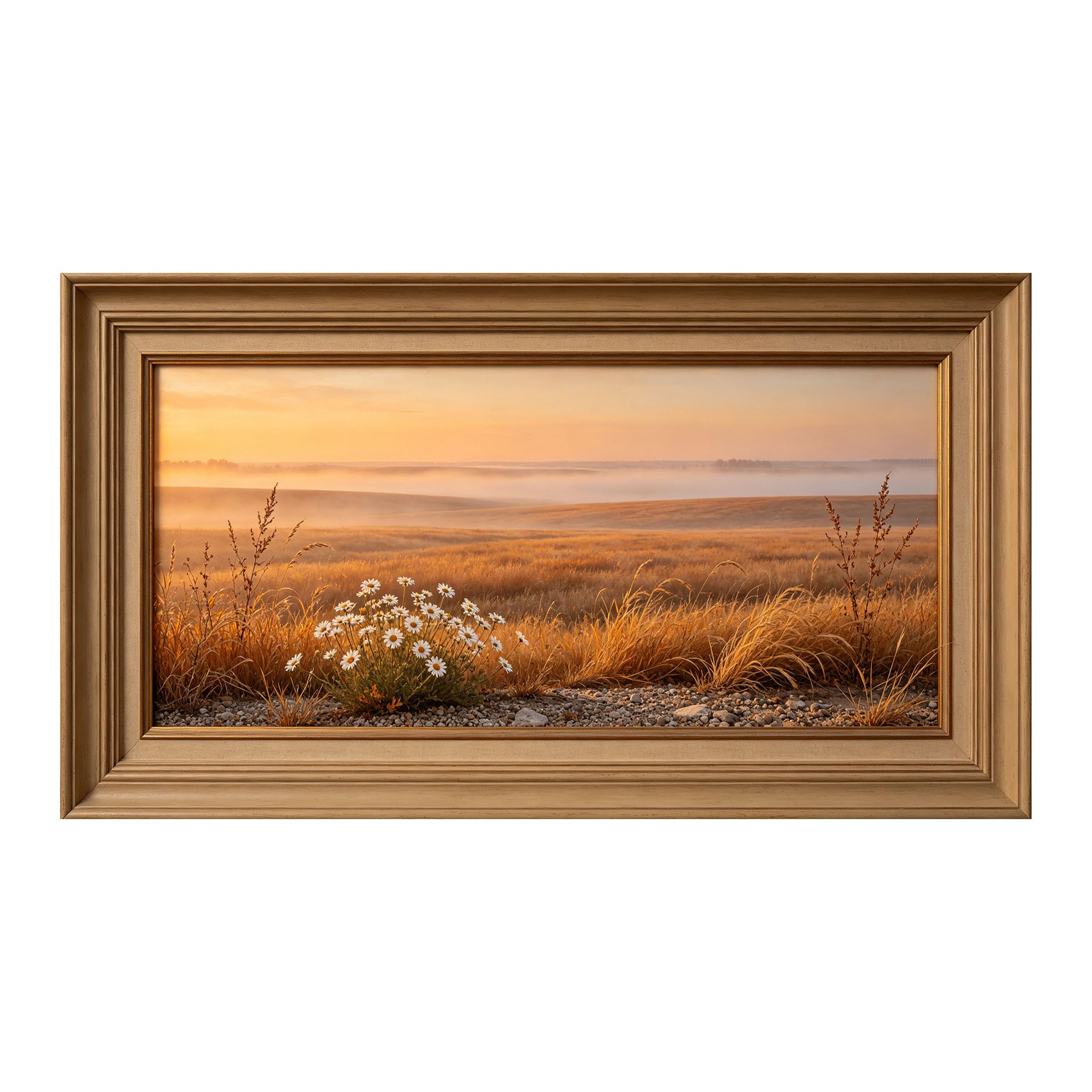 Yzpallescene 3D Framed Wall Art 50cm×100cm Golden Meadow Floral Sunset Panoramic Impressionist Oil Painting Large Size SelfAdhesive Removable Wall Decor Prints Artwork for Living Room Bedroom Office