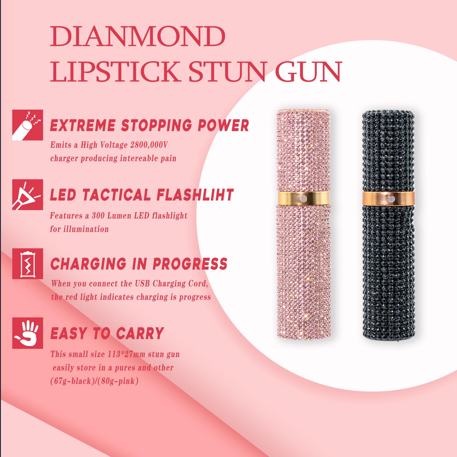 SELFSTRIKE Stun Gun for Women Self Defense-Lipstick Stun Gun Covered in Diamonds,Mini Stun Guns with Keychain and LED Flashlight,Discreet and Powerful Women Self Defense Gun with Rechargeable Battery