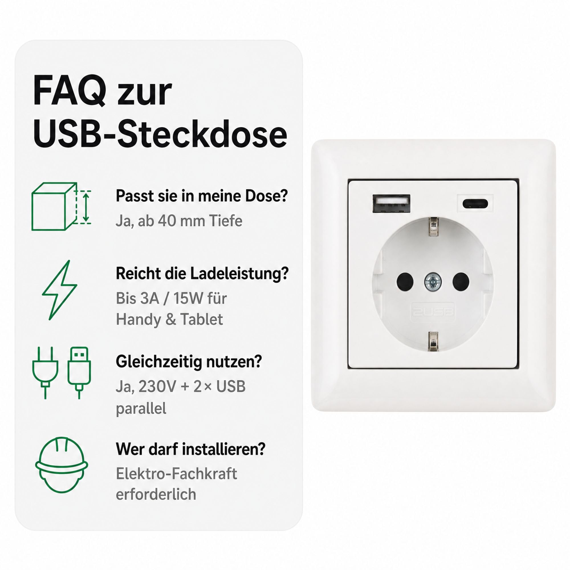 USB-Steckdose chargeMax unter Putz USB-A + USB-C mit Rahmen Ausführung 2USB, Tiefe nur 32mm, Set mit Abdeckung Gira S55 reinweiß glänzend