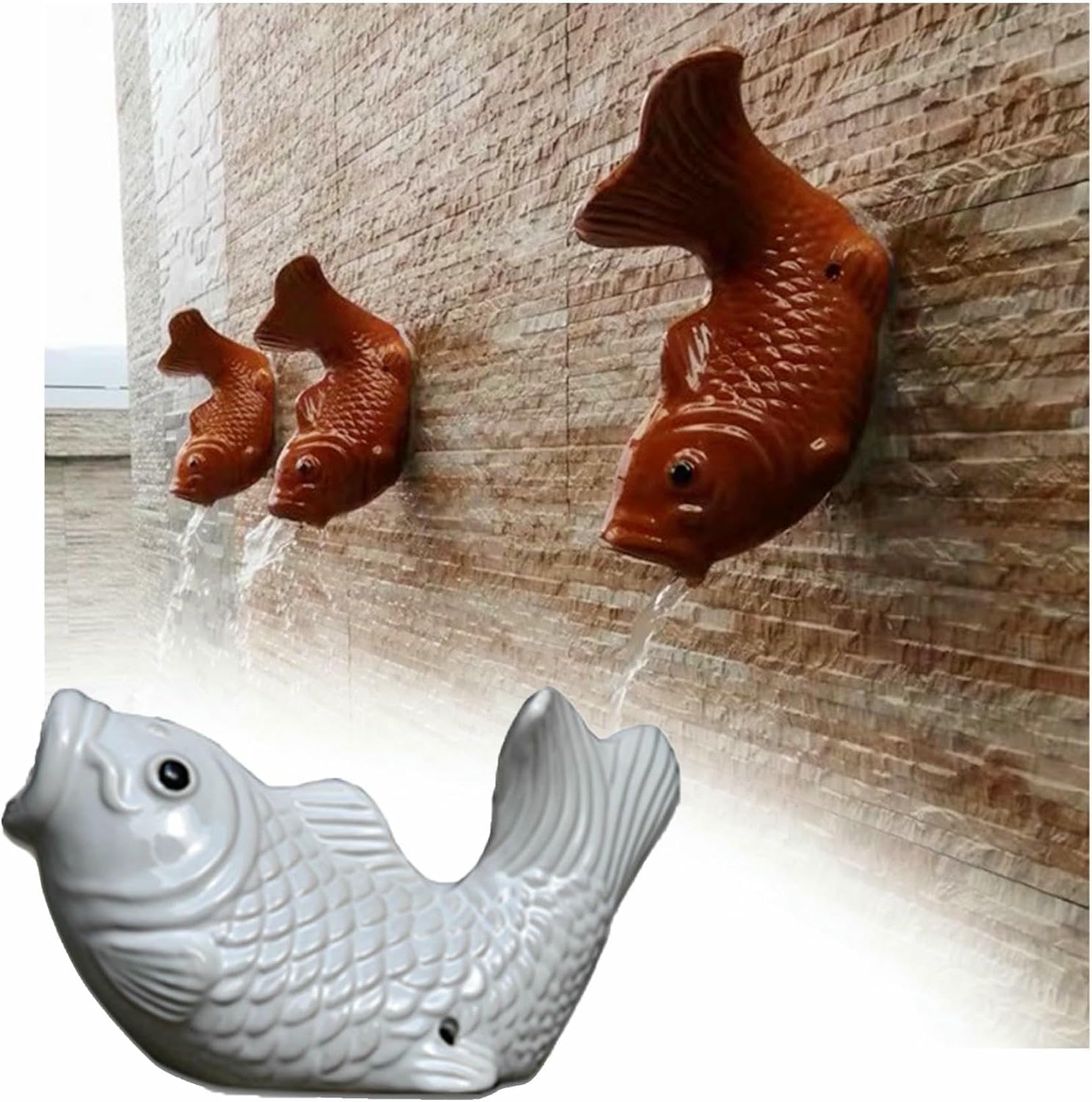 Ceramic Pond spitters, Koi Fish Outdoor Wall Water Fountain Garden Decor for Pond Automatic Circulation Water Landscaping Ornaments
