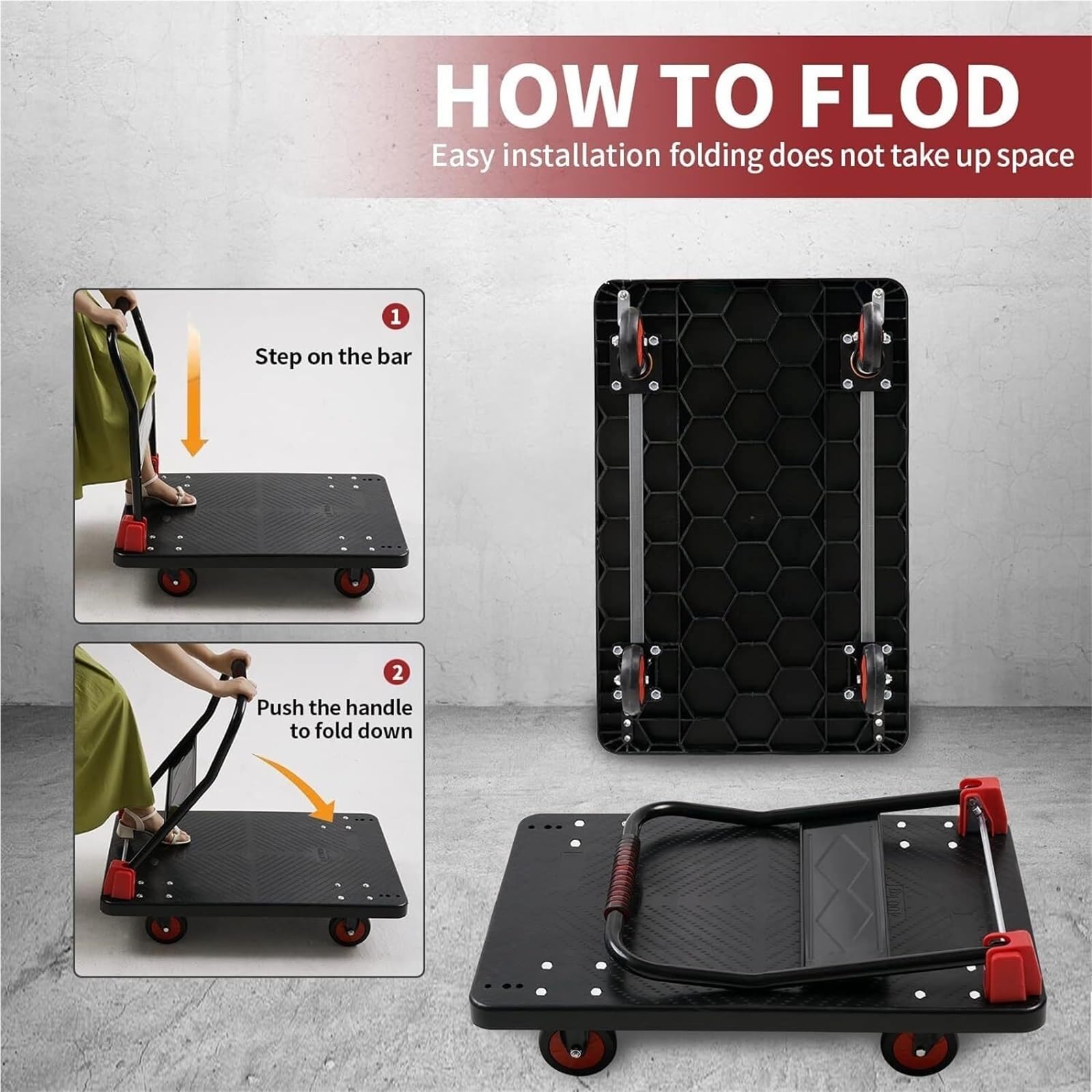 Carro Plano, Carretilla De Plataforma, Empuje, Carretillas Manuales Plegables For Fácil Almacenamiento Carrito de Empuje para Carga