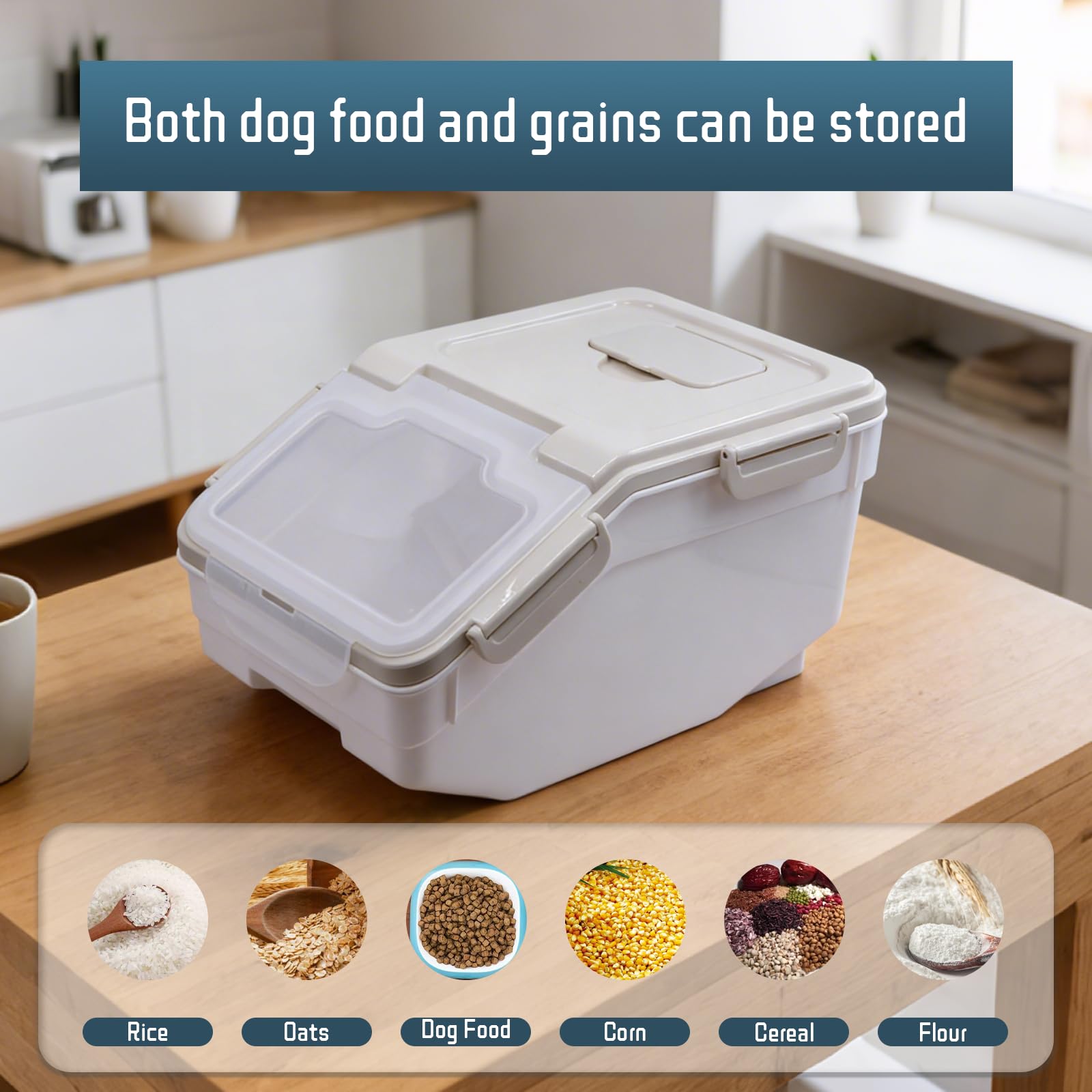 Contenitore ermetico per riso, 5 kg, a prova di umidità e parassiti, con ruote e coperchio di bloccaggio, per riso, farina, pasta e alimenti secchi, per uso alimentare (grigio)